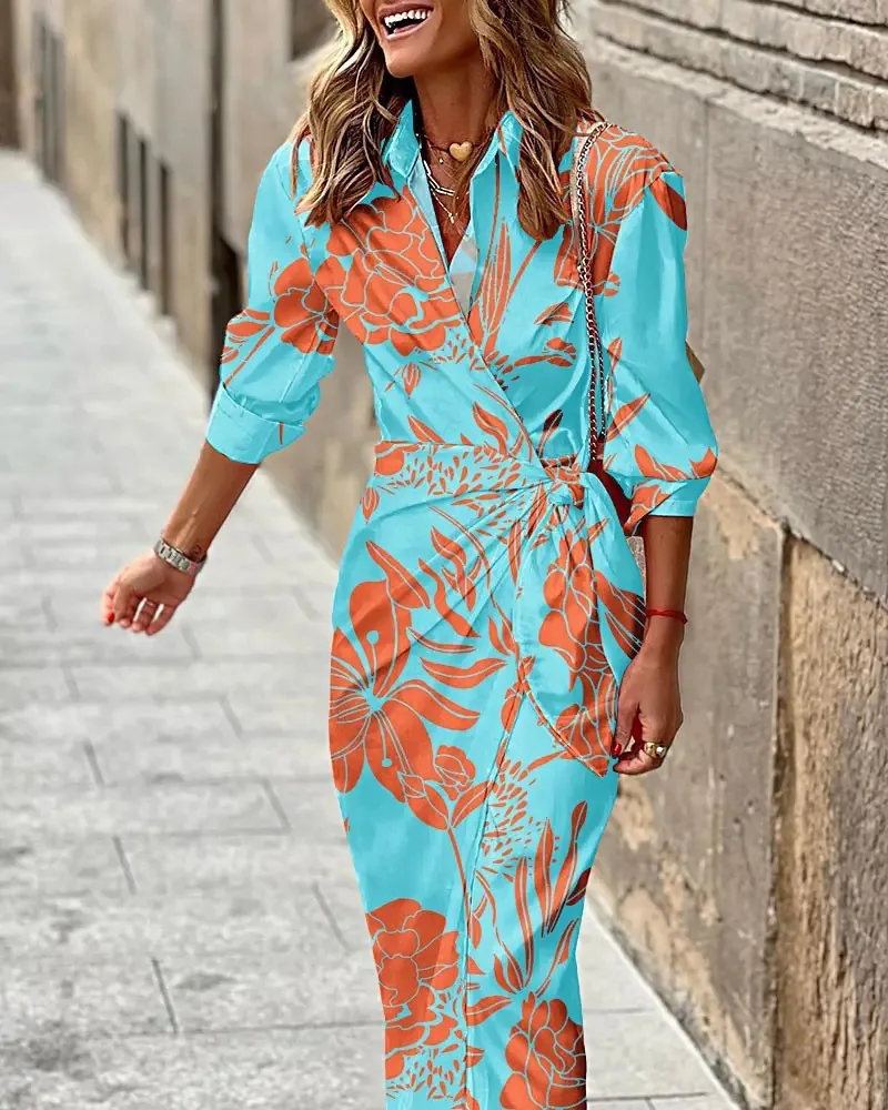2025 Women's New Fashion Printed Shirt Collar Mid-length Striped Dress Lace-up Waist Slim V-neck Long-sleeved Dress Females