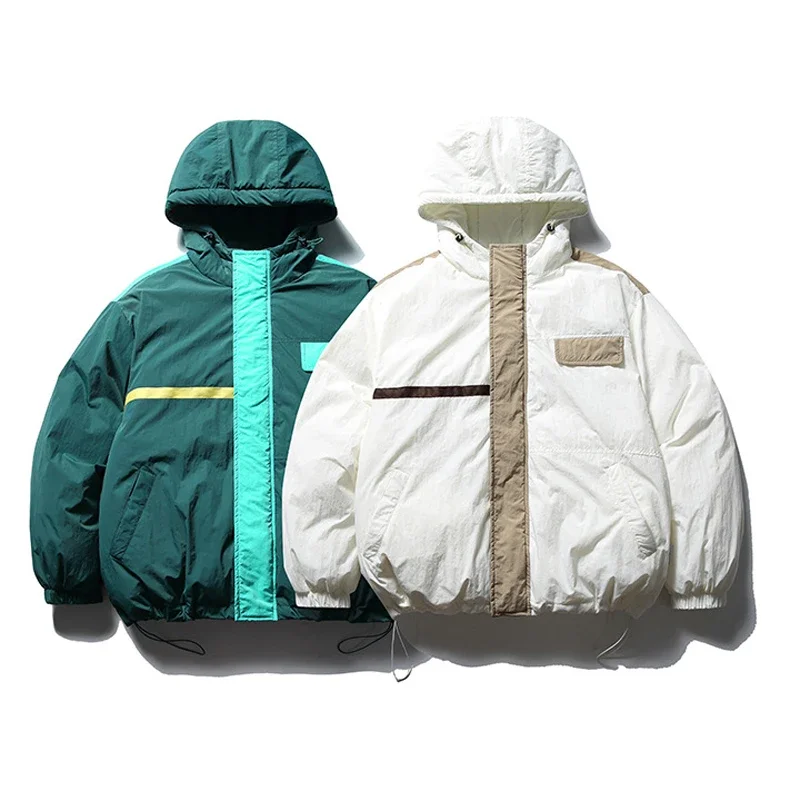 2023 Winter Farbe Kontrast Panel Retro Herren Parka Kapuze Mode lässig locker warm Mantel Paar Straße Harajuku Kleidung Jaqueta