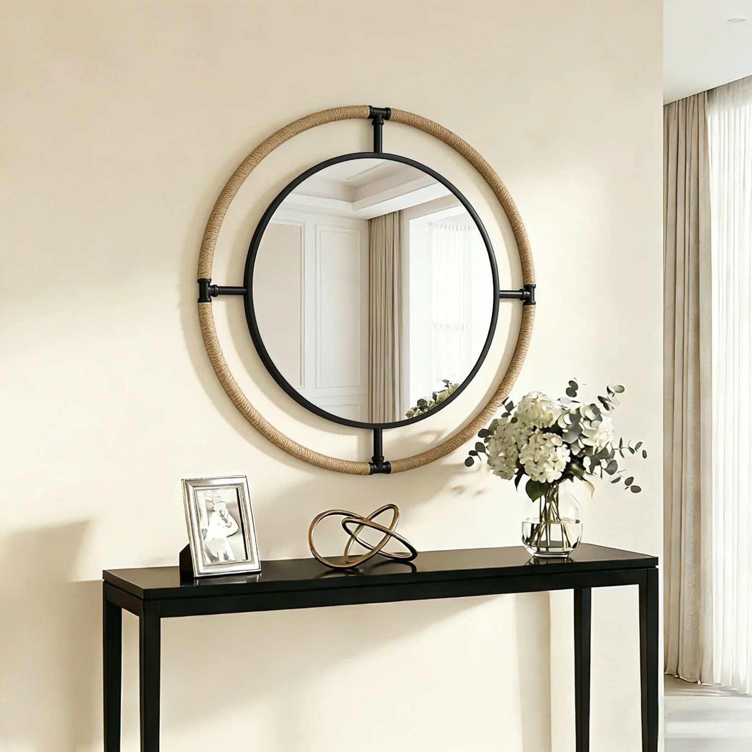 

80CM Nautical Round Wall Mirror with Rope Nursery Coastal Beachy Mirror for Bathroom Entry Decorative Accent Mirror Metal Frame