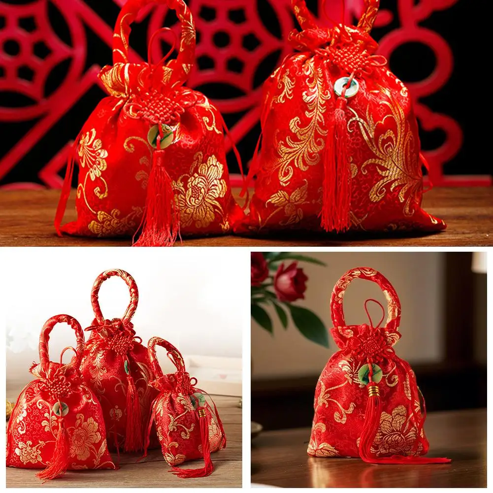 Canvas Festive Flower Drawstring Bag Chinese Knot Tassel Sugar Bag Wedding Large Capacity Handbag For Wedding Spring Festiv A5T4