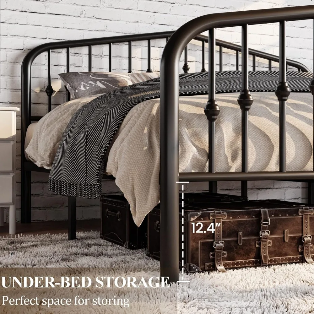 Cadre de lit plateforme en métal queen size avec tête de lit victorienne en fer forgé, aucun sommier tapissier nécessaire, finition noire