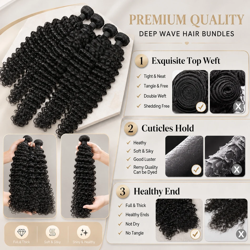 32 34 Inch Deep Wave Human Hair 1 3 4 Bundles Brazilian Virgin Remy Unprocessed Weaving Water Wave Curly Hair Extensions Bundles image 4