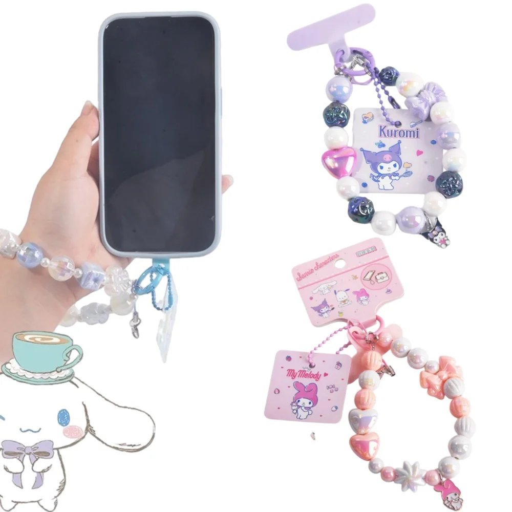 1pc Kawaii My Melody Kuromi Cinnamoroll Cartoon Beaded Mobile Phone Pendant Anime Girly Heart Cute Keychain