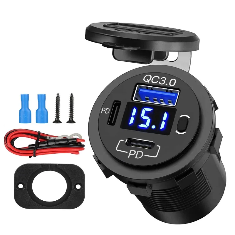 

12V/24V Car USB Charger Dual QC3.0 Fast Charging PD Type C Outlet with LED Voltmeter Switch Socket for Car Motorcycle Marine RV