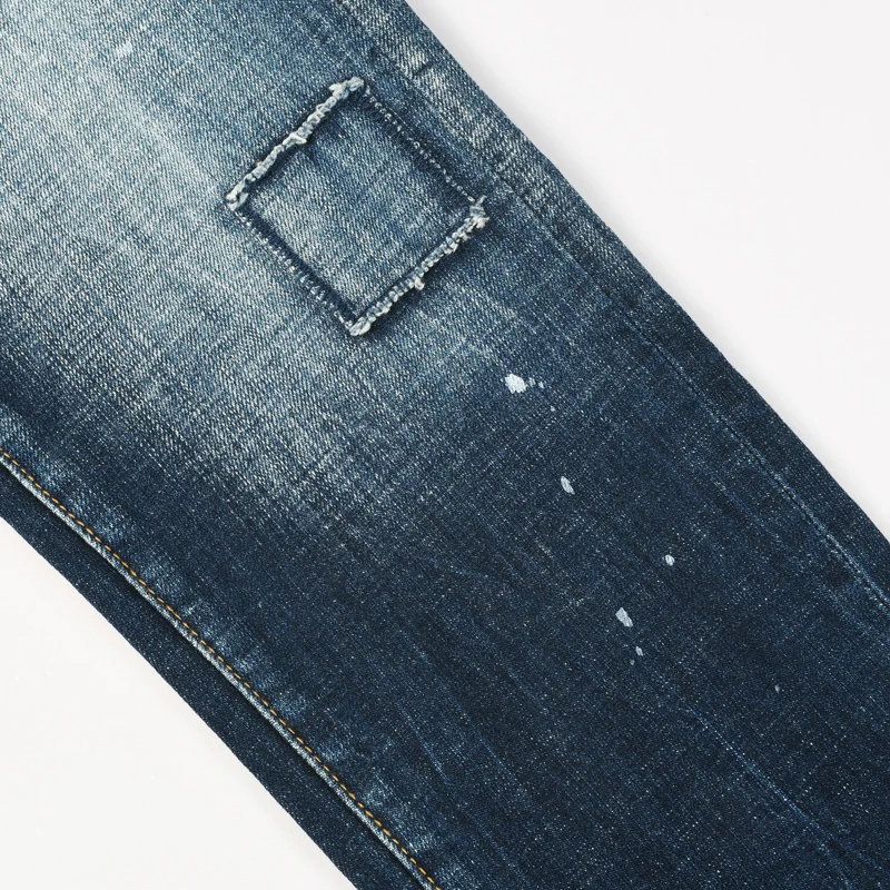 Men Dark‑Blue Splash Paint Streaky Washed Skinny Jeans, Vintage Distressed Faded Denim Pants, Mid‑Waist Stretch Slim‑Fit Street