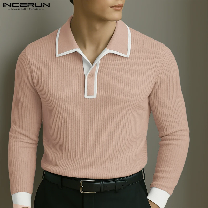 INCERUN Mannen Shirt Patchwork Lente Herfst Revers Lange Mouw Herenkleding Streetwear 2025, Gebreide Mode Casual Tops Mannelijke Shirts