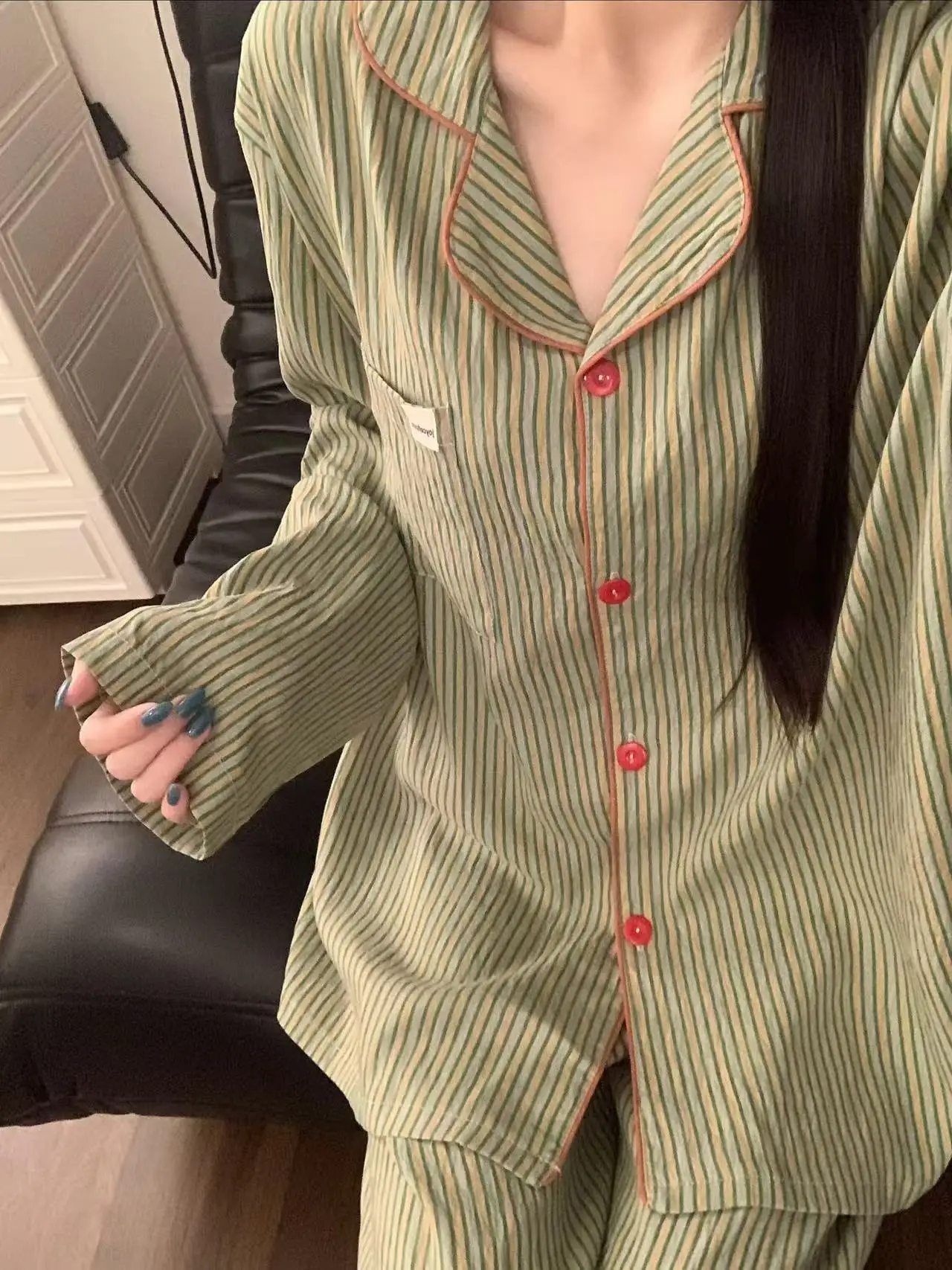 Loose Long Sleeve Sleepwear Set for Women Korean Style Striped Open Cardigan Collared Home Clothes Suitable for Outdoor Wear
