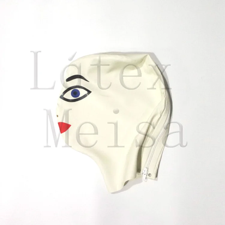 

Latex masks women's rubber hoods attached eyes mouth and eyebrow in white color with back zip
