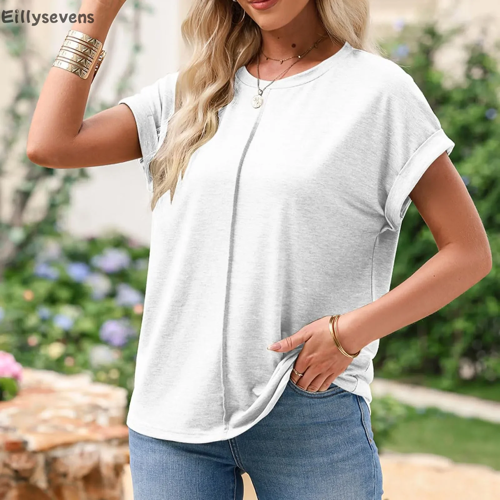 Women's tee Blouses Short Sleeve Summer tops Crew neck Casual Solid Loose Shirts Elegant intellectual generous daily  top mujer