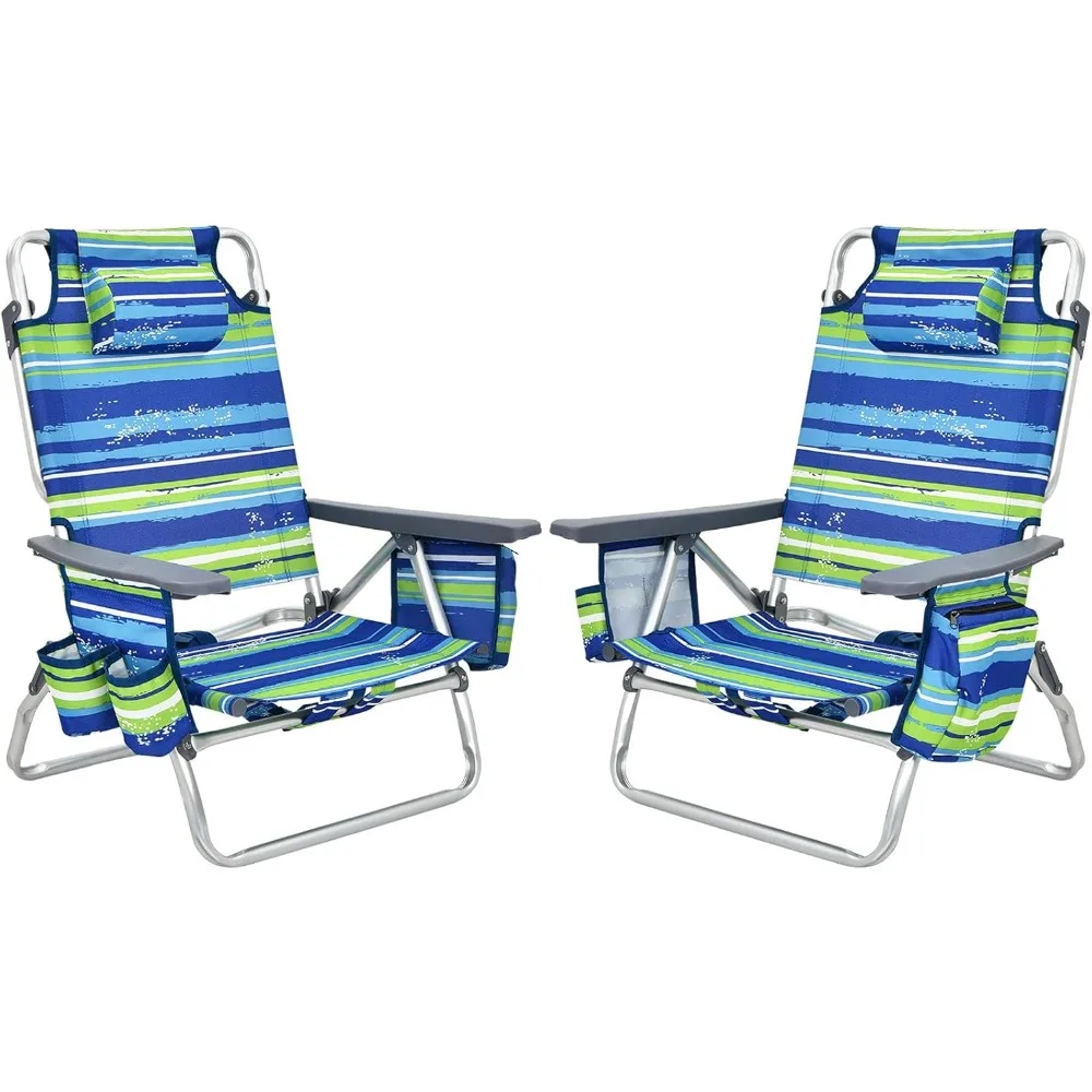 

Folding Beach Chair, Patio Sling Chairs with 5 Adjustable Position, Head Pillow, Storage Bag, Towel Bar, Cup Holders, Backpack