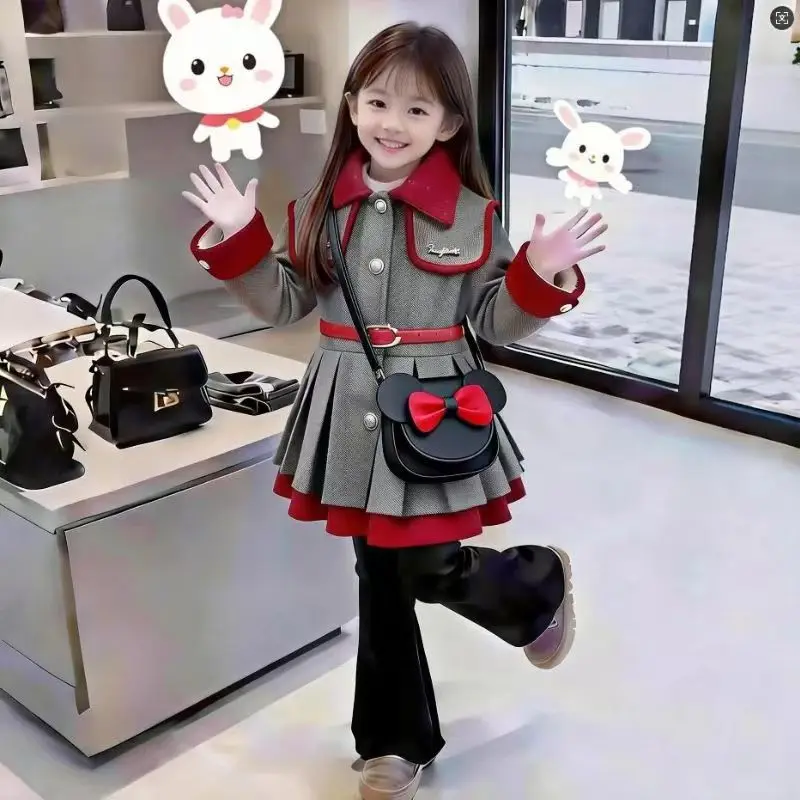 

Весенняя верхняя одежда для девочек 2026: Новое платье-плед из блестящей шерсти средней длины, изысканное, с ощущением роскоши