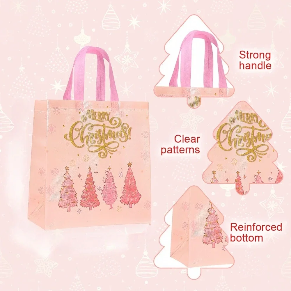 Pink Christmas Party Favor Bags With Handles, Xmas Gift Pouches With Santa, Snowman, Reindeer & Gingerbread Designs Treat Bags