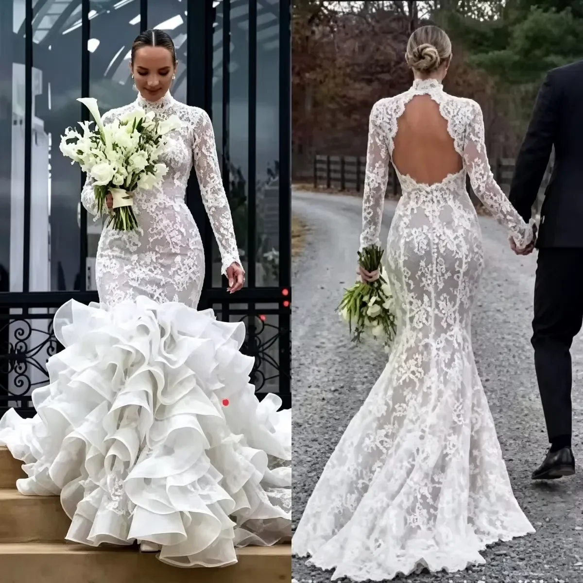 Customized High Collar Lace Appliques Wedding Dress with Removable Ruffles Train   Long Sleeve Open Back  Bridal Gowns