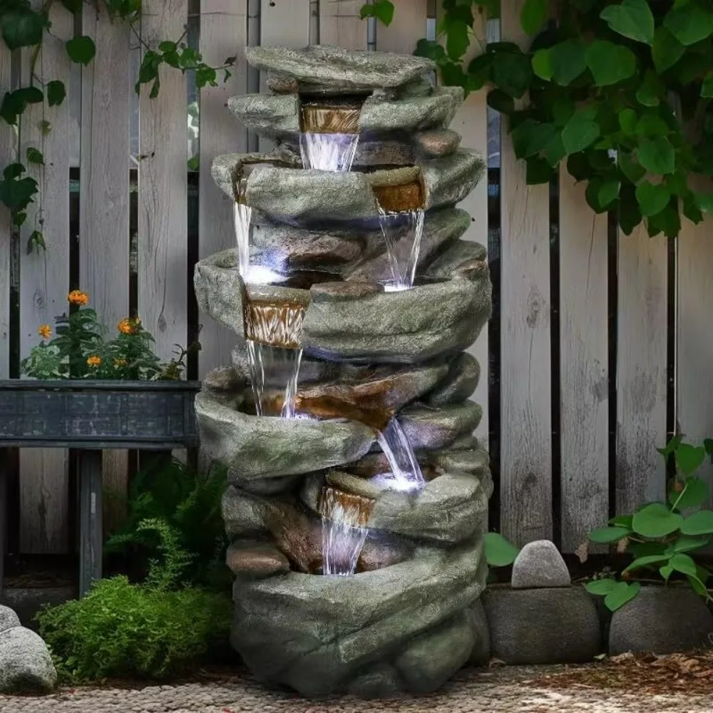 

Fountain,40.5” High Rocks Outdoor Water Fountain - 6-Tiers Cascading Waterfall With LED Lights,bird Bath