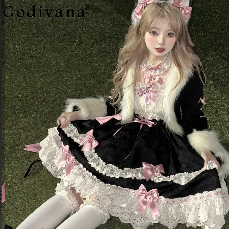 

Christmas New Year Outfit Women's Black Versatile Coat Short Dress Lolita Set Female Japanese Style Lolita Sweet Black Suits