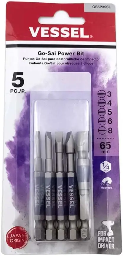 VESSEL 5Pcs Slotted Go-Sai Power Bits Set Opposite 6.35mm Tail Insertion Length 9mm for Impact Driver GS5P35SL Screwdriver Bit