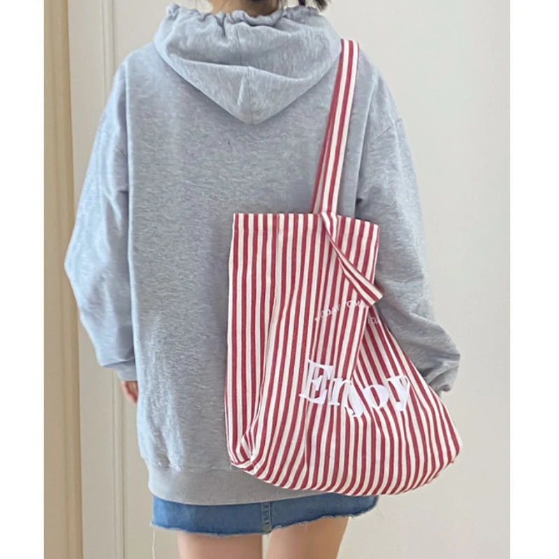 Youda Ladies New Style Canvas Shoulder Bag for Women Simple Stripe Handbag Large Casual Capacity Shopper Tote Bags