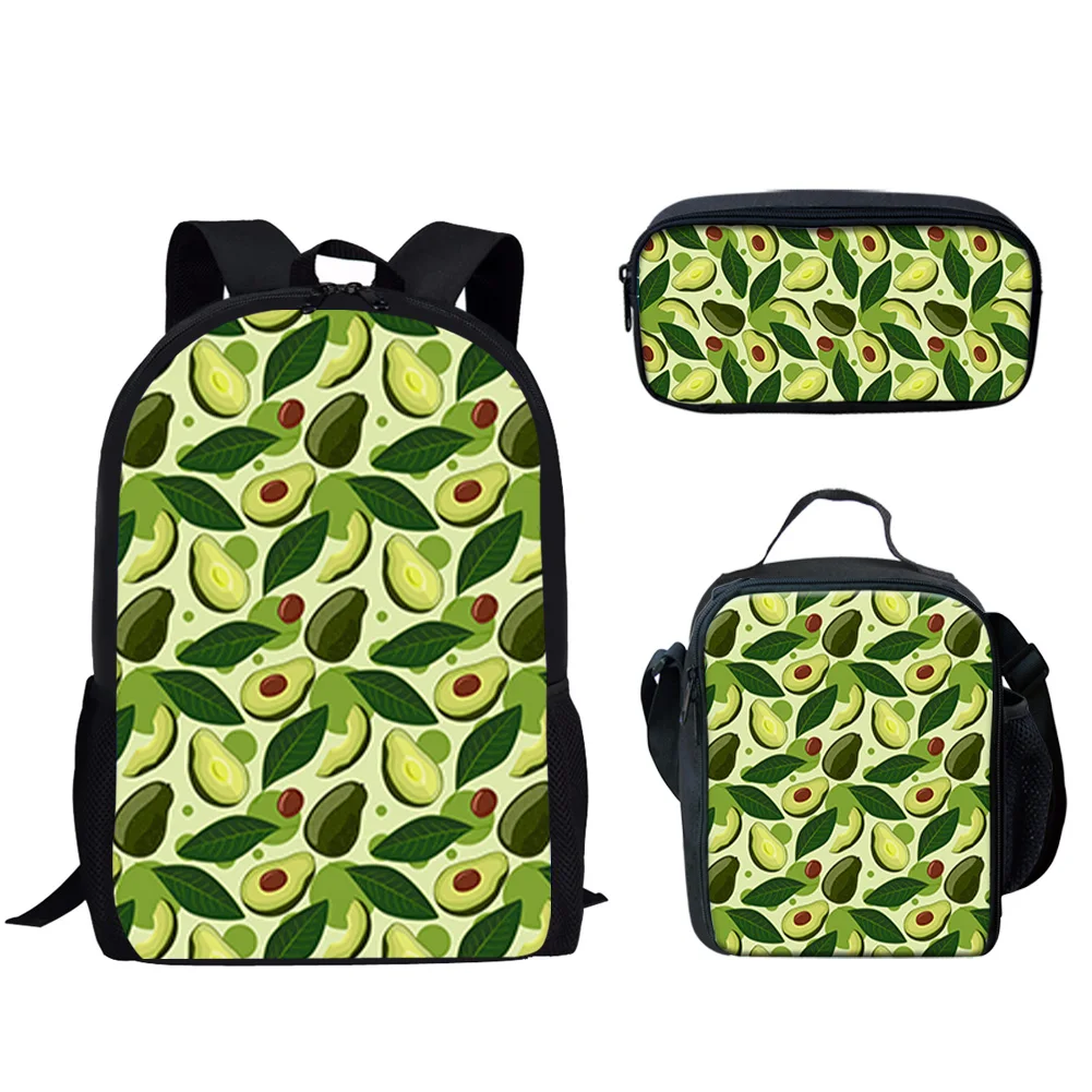 Ensemble de sacs d'école à motif d'avocat vert pour adolescents, sac à dos décontracté, sac à lunch, étui à crayons, garçon, fille, fruit, 3 pièces