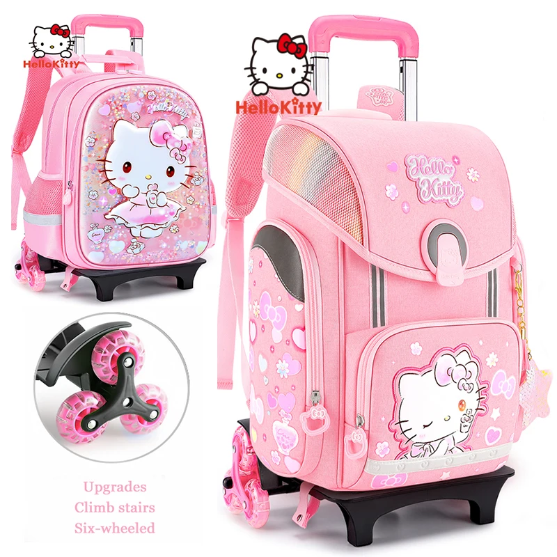 Miniso Hello Kitty Girl 6 Wheelded School Bag Pupils Cartoon Backpack Student Schoolbags Children Trolley Bags Grade 1-3-6 Gifts