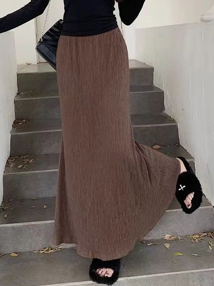 秋冬ロング黒スカート女性エレガントなファッション韓国 Y2k 服ファルダスラルガス弾性ウエストヴィンテージミッドレングススカート