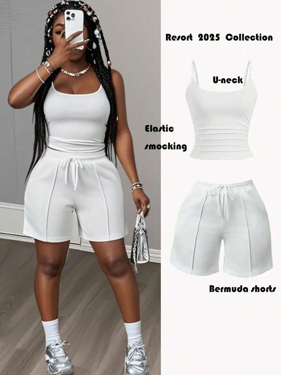 Conjunto de Top Corto Blanco con Cuello en U y Pantalones Cortos Bermuda - Cintura Elástica Fruncida, Ropa Casual para Vacaciones