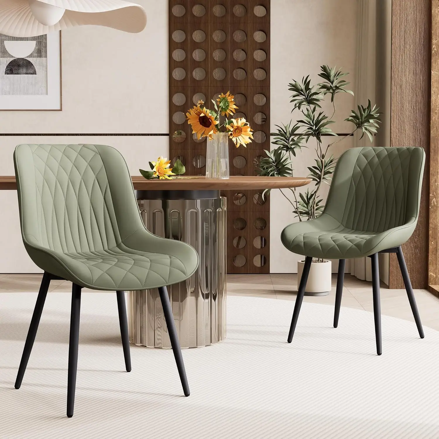 Olive Green Dining Chairs set of 2 with High Backs Mid Century Modern Kitchen & Dining Room Chairs PU Faux Leather Upholstered