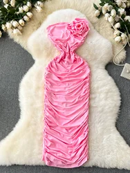 Foamlina Pink Strapless Dress Elegant 3D Floral Decoration Sleeveless Pleated Bodycon Midi Dress Women Summer Sexy Tube Dresses
