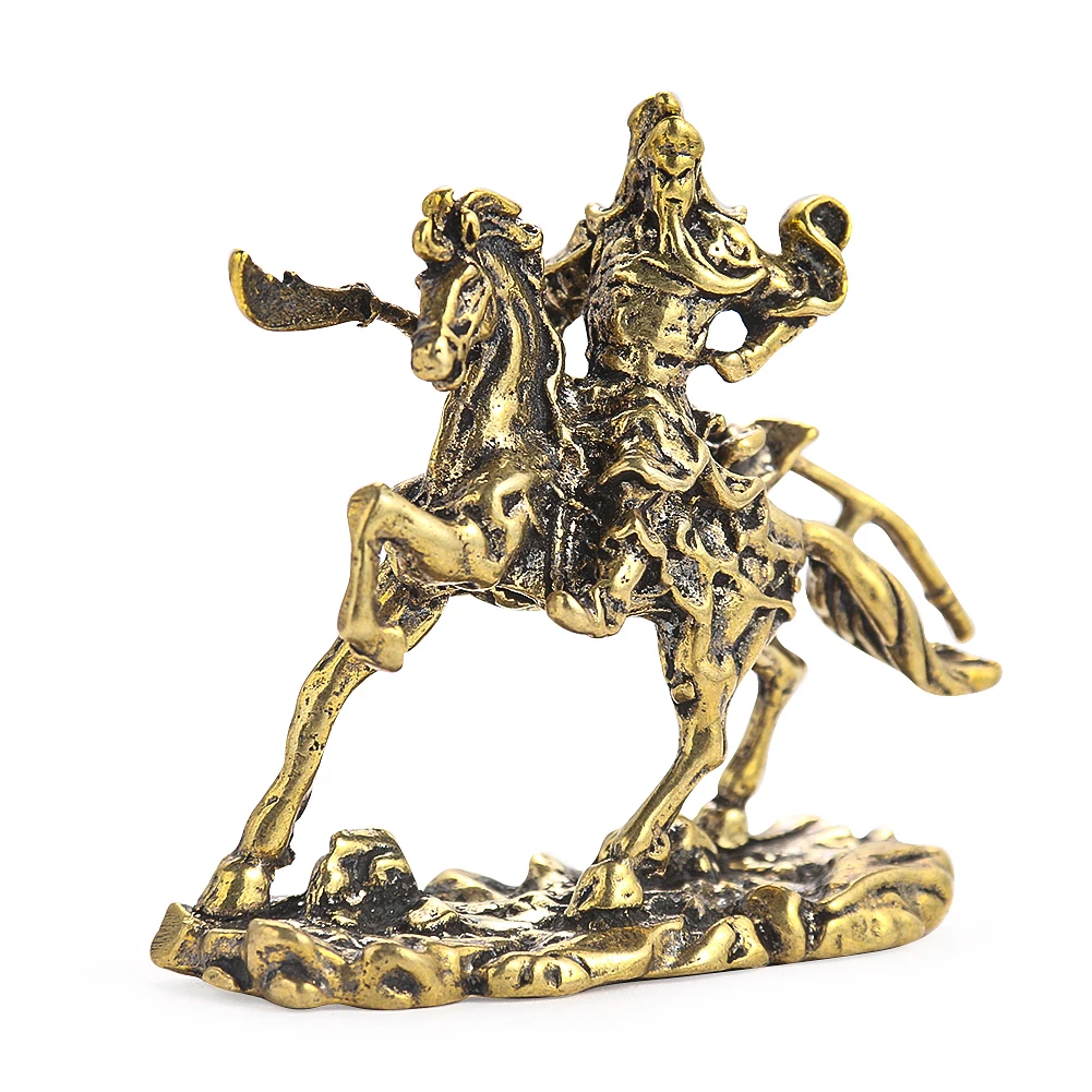 Brass Miniature Figurines Chinese Riding Horse Guan Gong God of Wealth Fortune Statues Copper Home Decor Art Crafts Collection