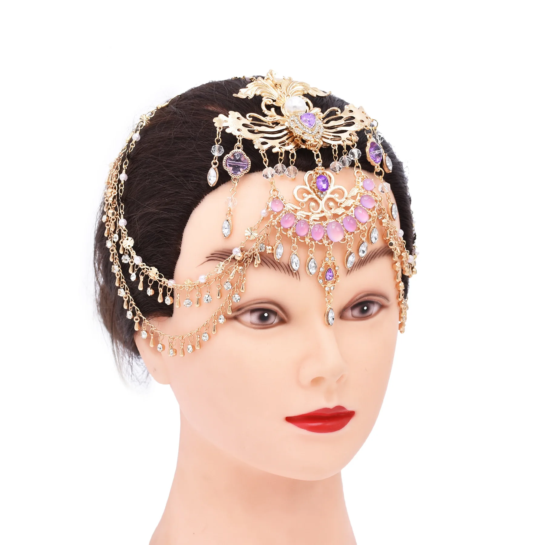 Fairy Long Tassel Veil Hair Ornaments Forehead Chain Face Curtain Retro Luxury Purple Crystal Elegant Headdress Hair Accessories