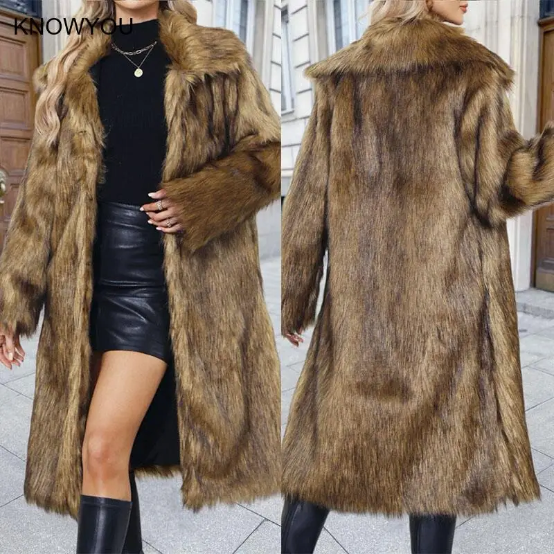

Women's Faux Fur Coat Bobcat Print Imitation Fox Fur Thick Long Leopard Print Fur Coat Jacket Fashion Lapel Long Sleeve Coat