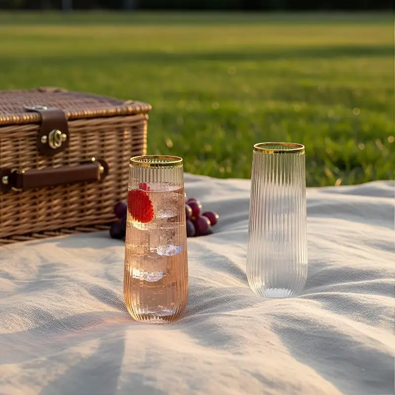 Plastic Stemless Wine Glasses Ribbed 6 Piece Set Clear Lightweight Cups for Wedding Party Outdoor BBQ Entertaining