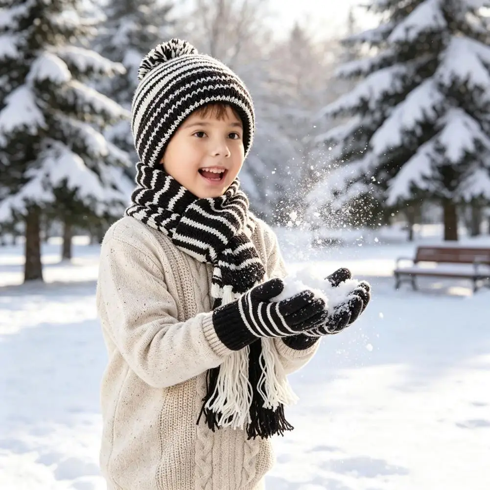 Windproof Winter Headwear for Kids Kids Winter Hat Scarf Gloves Set Fleece Lined Striped Knit Pom Pom Cozy Toddler for Boys