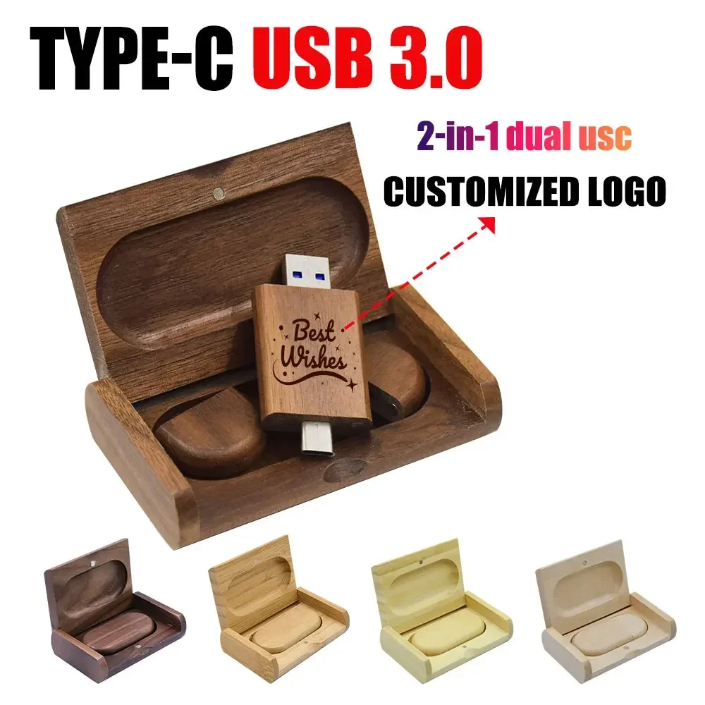 2 IN 1 TYPE-C USB 3.0 Flash Drive 128 GB Gratis aangepast logo Pen Drive 64 GB Houten hanger Memory Stick 32 GB Creatief huwelijkscadeau