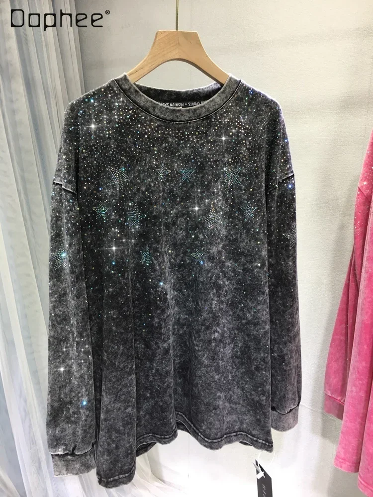 Rhinestone Crew Neck Pullover Hoodoes Women 2023 Autumn Winter Shiny Rhinestone Mid-Length Long Sleeve Sweatshirt Top Female