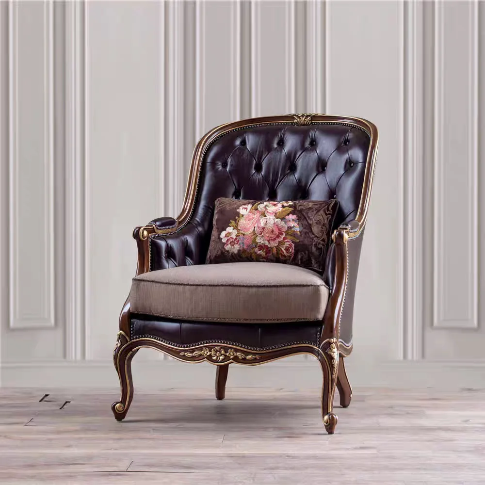 Solid wood living room single sofa villa lounge chair leather art button-down chair