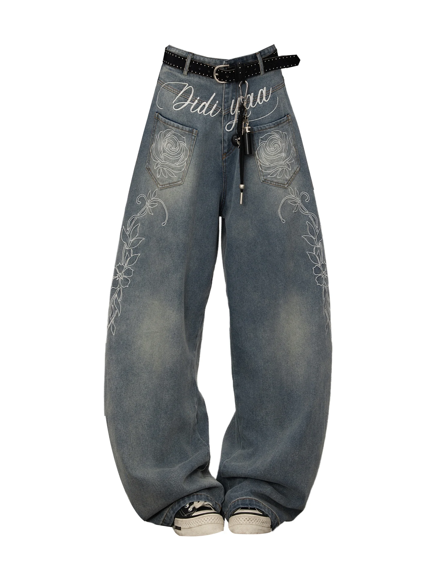 Damskie jeansy z haftem w stylu retro, amerykańskie kwiaty, luźne spodnie z szerokimi nogawkami, wysoki stan, denimowe, codzienne, jesienne, nowe, streetwear