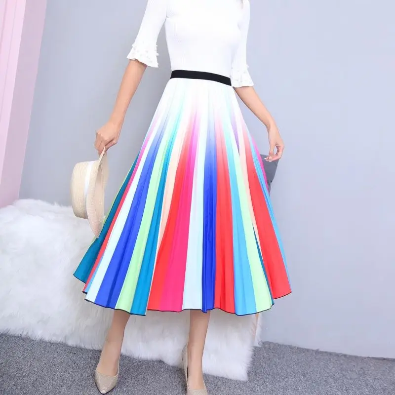 

2024 Summer New Midi Skirt for Women Colorful Printed Elastic High Waist Mid Length Pleated Skirt Fashion Elegant Skirts