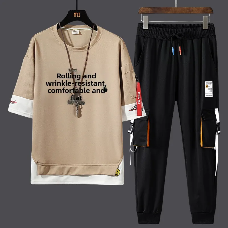 

Летний мужской повседневный комплект из ледяного шелка: креативный текст, японский стиль, универсальный, модный, брендовый, крутой, стильный, из двух предметов