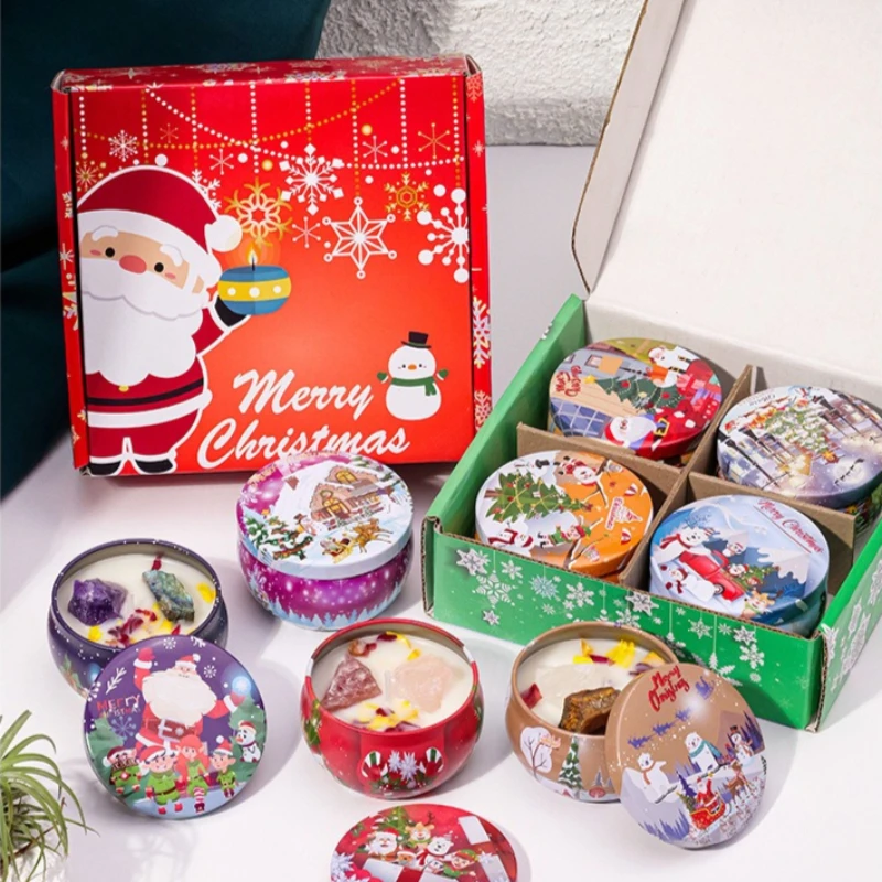 4Pcs/box Natural Raw Crystal Tin Scented Candle Set Vanilla Agarwood Ocean Candle Jar Christmas Aromatherapy Decor Xmas Gift