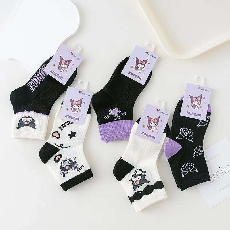 5 Pairs Sanrio Kuromi Socks Spring and Summer Thin Breathable Kuromi Childrens Girl Sock Purple Movement Mid-calf Cotton Sock