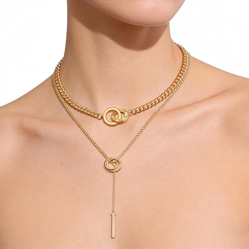Vergoldete Lariat-Halskette für Damen, Modische Doppellagige Lange Kette mit Anhänger, Choker-Halsketten, Modische Geschenke