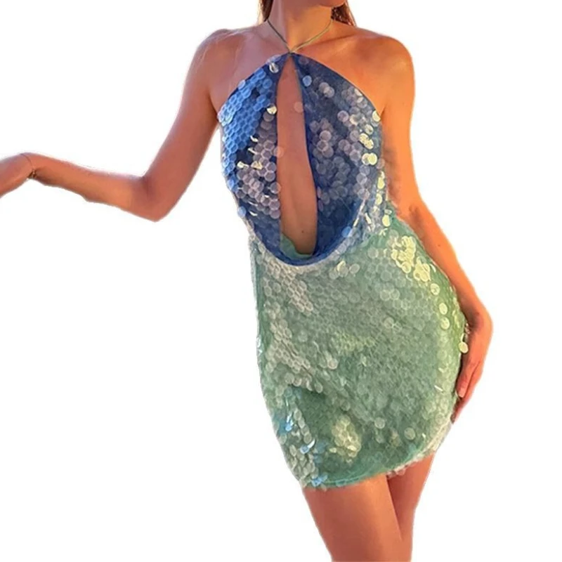 Zomer 2025, nieuwe sexy uitgesneden rugloze halternek rok met lovertjes voor dames