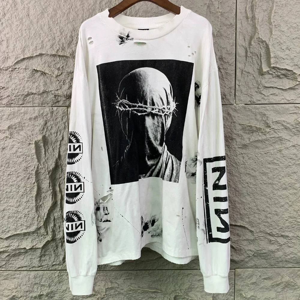 Graffiti Streetwear Hip Hop Manual Destruction New Vintage Tee Death or Glory Printing Long Sleeve T-shirt for Men Clothing