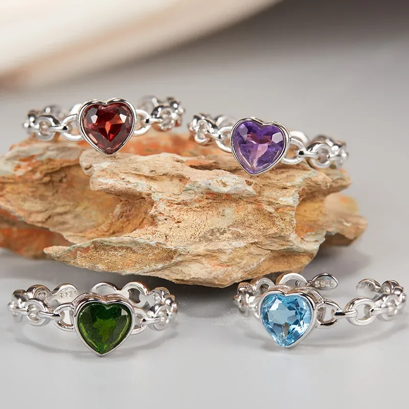 S925 sterling silver natural topaz garnet diopside amethyst color treasure love ring female Xiaohongshu wholesale