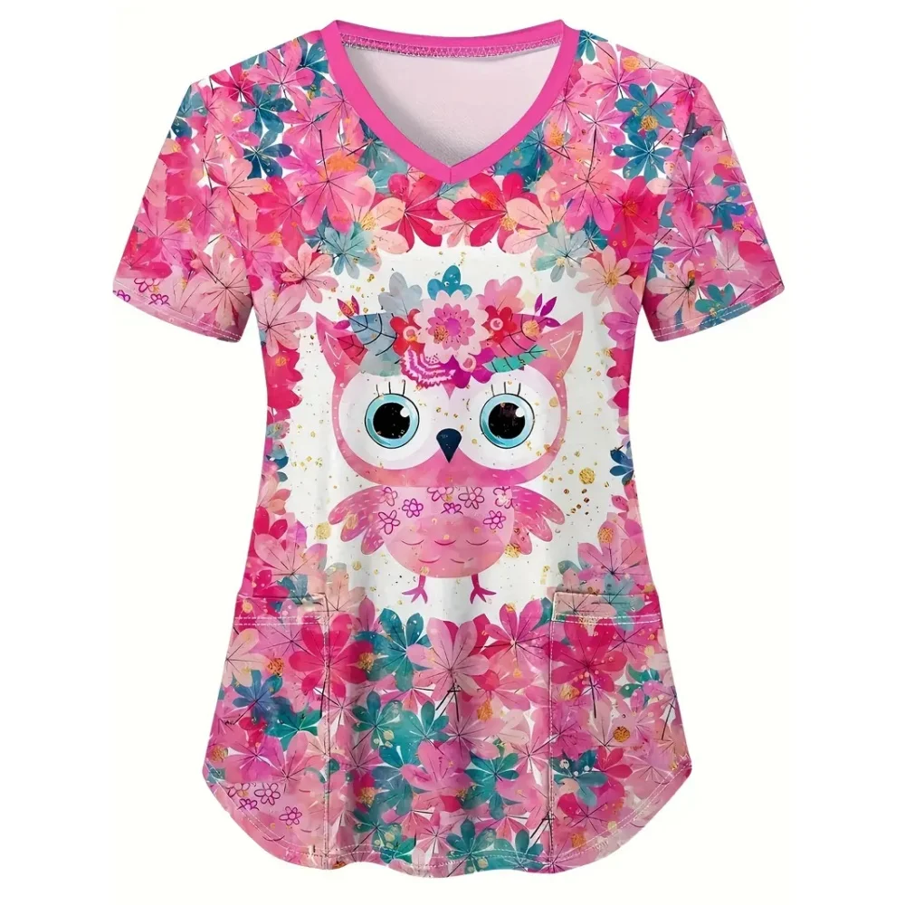 

Surgical Uniforms Woman Adorable Animal Cartoon Print Vet Nurse Tops Fashion V-Neck Short Sleeve Tees Medical Uniform for Women