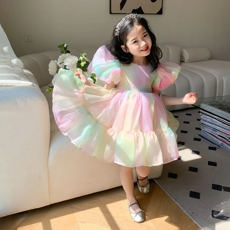 Summer Girl Puff Sleeve Mesh Skirt  Sweet Rainbow Princess Birthday Party Gown Mesh Wedding Children Dresses