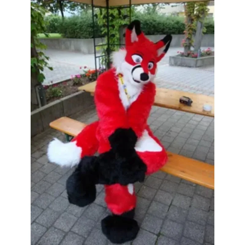

Red White Black Long Fur Husky Dog Mascot Costume Fox Fursuit Halloween Furry Suit Cartoon Outfit for Halloween Party Dress Up