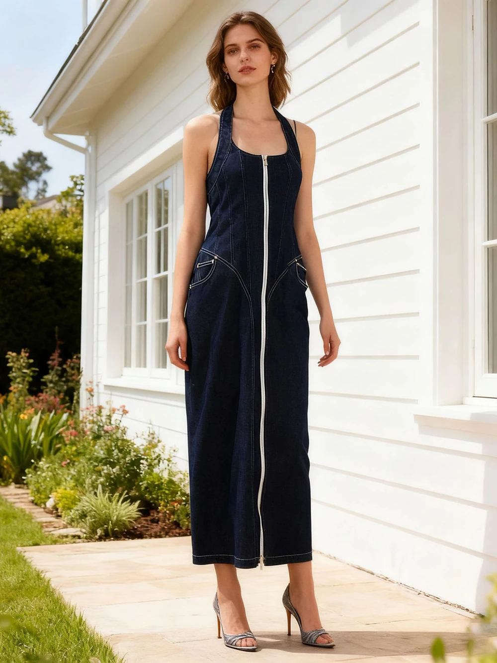 Sukienka długa w stylu europejskim i amerykańskim, nowość na zimę 2025, modna, elegancka, seksowna, z odkrytymi plecami, zapinana na zamek, z dekoltem typu halter.