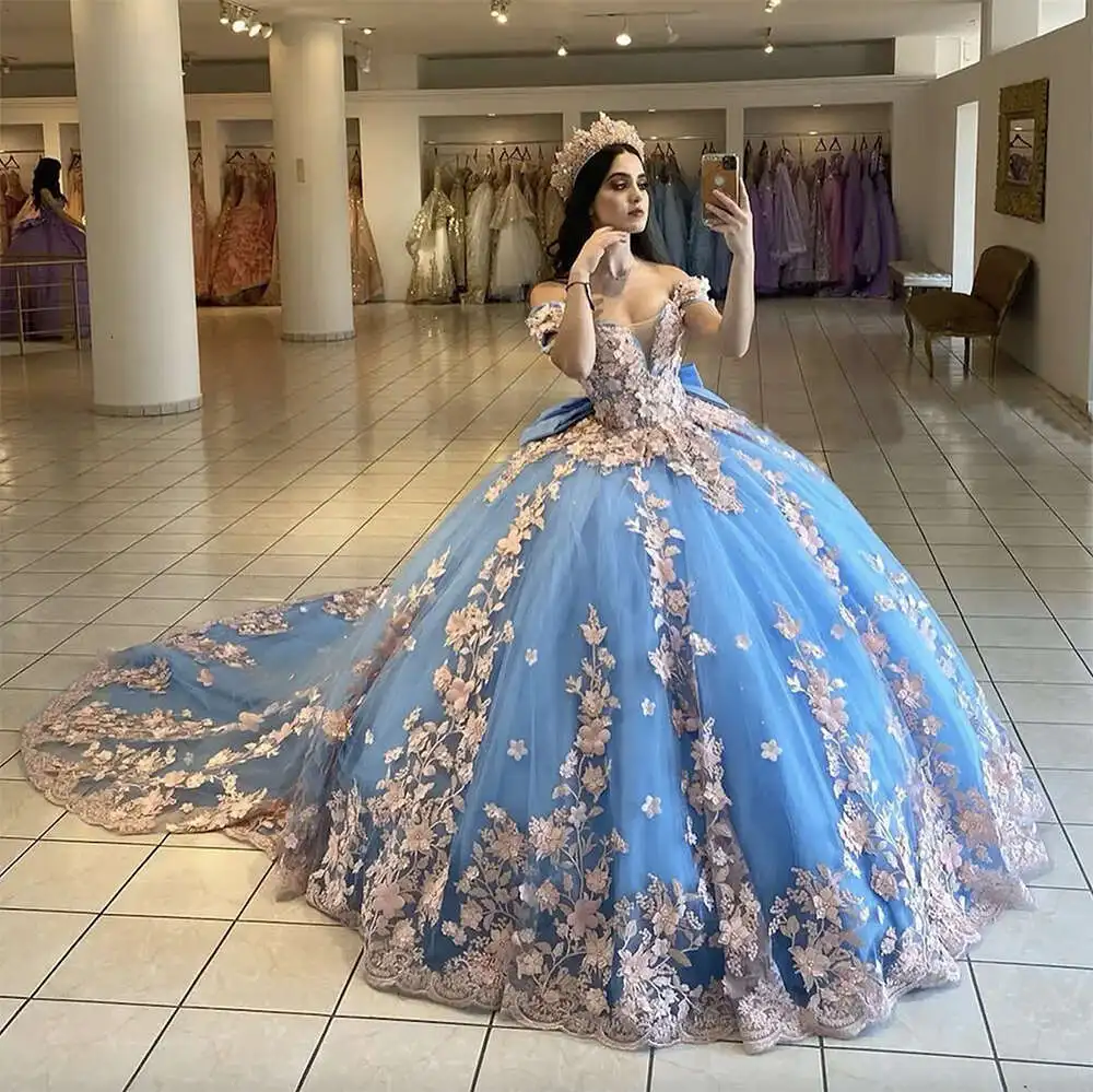 

3D Ral Lace Princess Quinceanera Dresses Off Shoulder Bow Corset Charro Prom Sweet 15 Vestidos De XV Anos