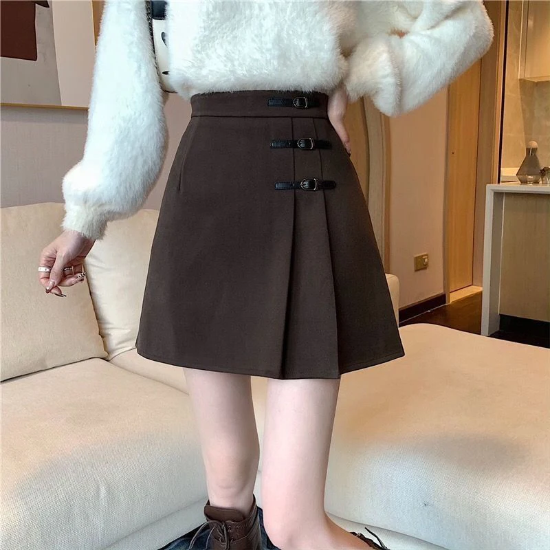 

Women Elegant A-Line Mini Skirts Korean Vintage High Waist Pleated Skirt Spring Fall Solid Casual Irregular Woolen Short Skirt